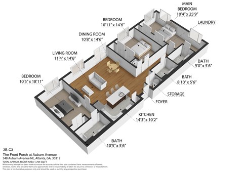 Floor plan for 3 beds, 3 baths, 1468 sqft
